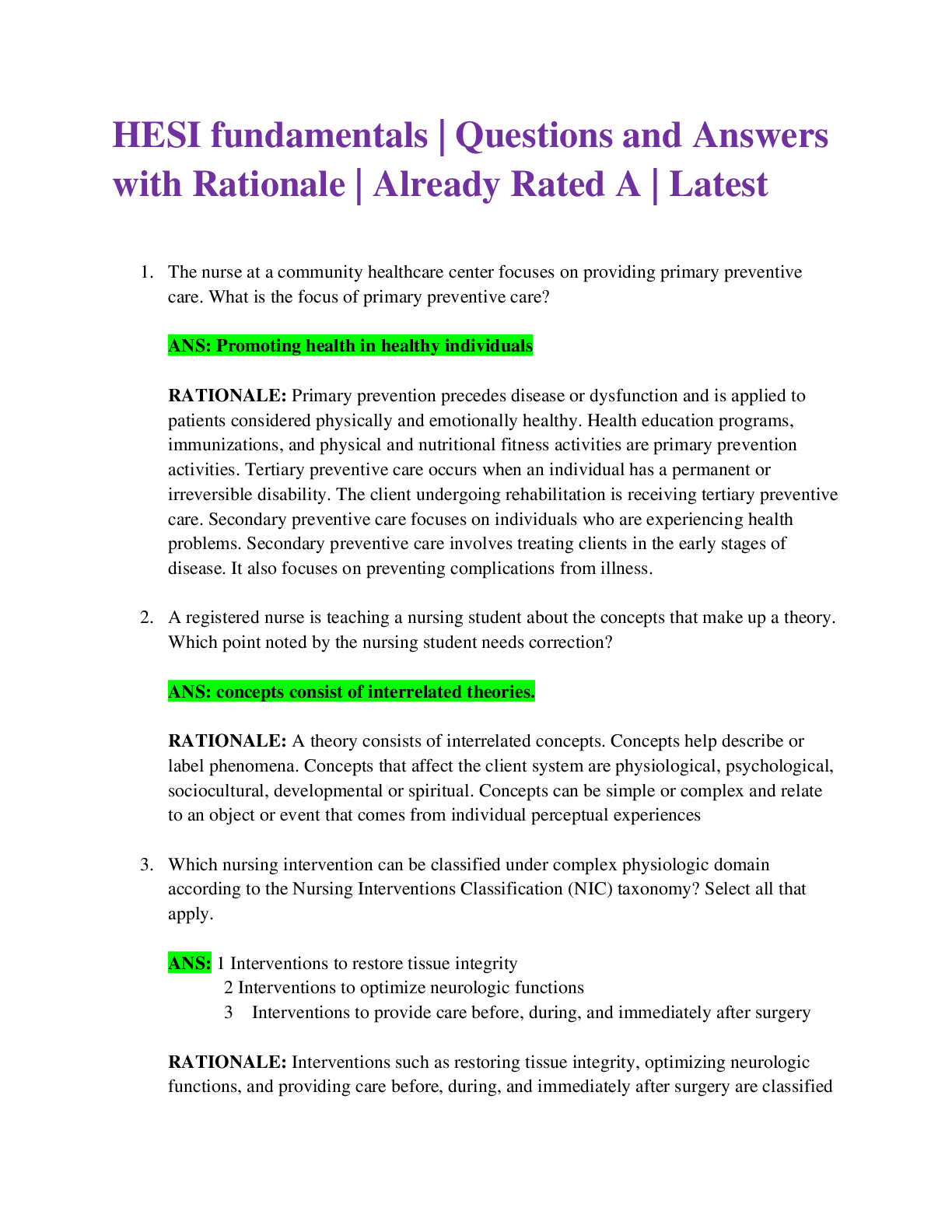 HESI fundamentals | Questions and Answers with Rationale | Already Rated A | Latest 2021 / 2022